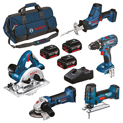 BOSCH  Pack 5 machines sans fil : 1 perceuse-visseuse + 1 scie sauteuse + 1 meuleuse d'angle + 1 scie circulaire + 1 scie sabre + 3 batteries + 1 chargeur - en sac