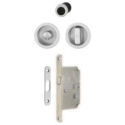 Set pour porte coulissante tire-doigt + poignée cuvette ronde finition chromé satiné avec verrou de condamnation - kit n°1