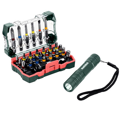 METABO - Coffret de 29 embouts de vissage + porte-embout + mini flash light + adaptateur