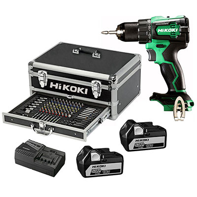 HIKOKI - Perceuse-visseuse sans fil DV18DEW + 2 batteries 18V 5Ah + 1 chargeur + 100 accessoires - en coffret