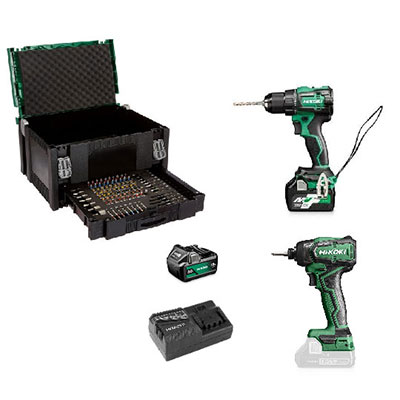 HIKOKI - Pack 2 machines sans fil 1 perceuse visseuse à percussion + 1 visseuse à choc + 2 batteries + 1 chargeur + 1 coffret 100 accessoires