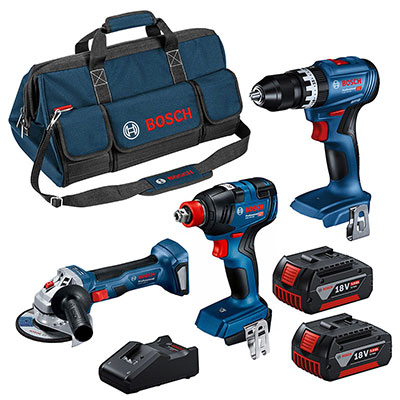 BOSCH - Pack 3 machines sans fil : 1 perceuse-visseuse à percussion + 1 meuleuse d'angle + 1 visseuse à choc + 2 batteries + 1 chargeur - en sac