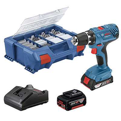 BOSCH - Perceuse-visseuse GSR 18V-21 + 2 batteries 18V 4Ah + 1 chargeur + 82 accessoires - en coffret