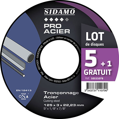 SIDAMO - Disque à tronçonner Pro Acier ø125mm - vendu par 5 + 1 gratuit