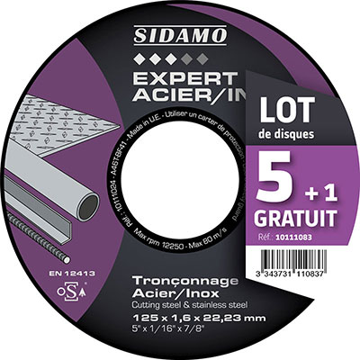 SIDAMO - Disque à tronçonner Expert Acier/Inox ø125mm - vendu par 5 + 1 gratuit